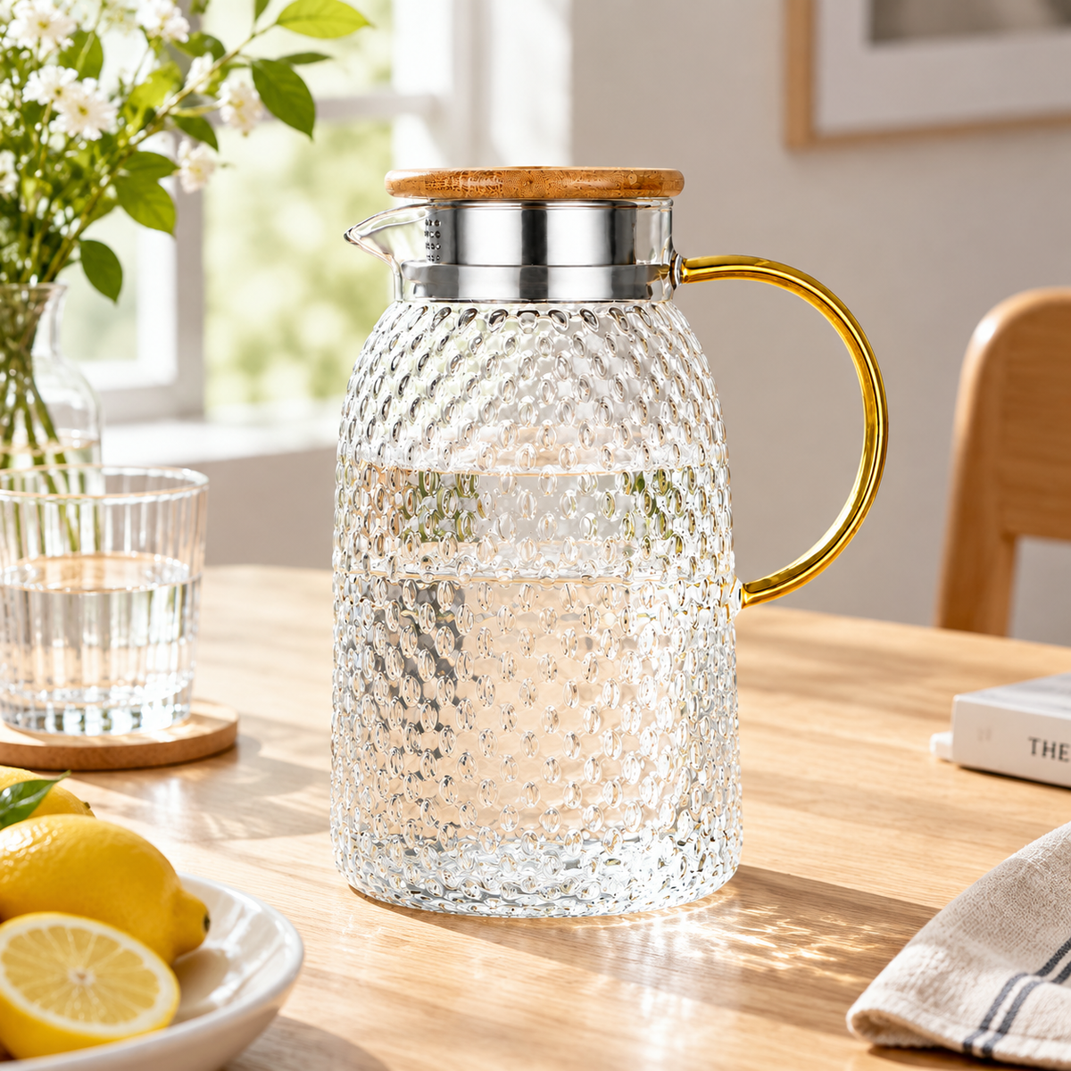 Glass Pitcher with Textured Pattern - Large Capacity Water Jug