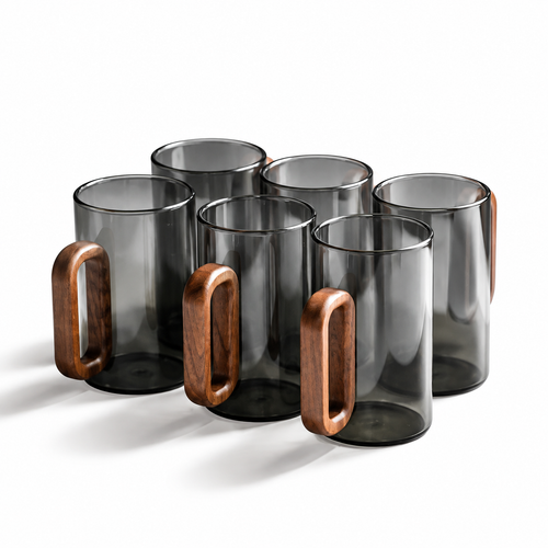 Wooden Handle Glass Mug - Smoky Grey, 360 ml