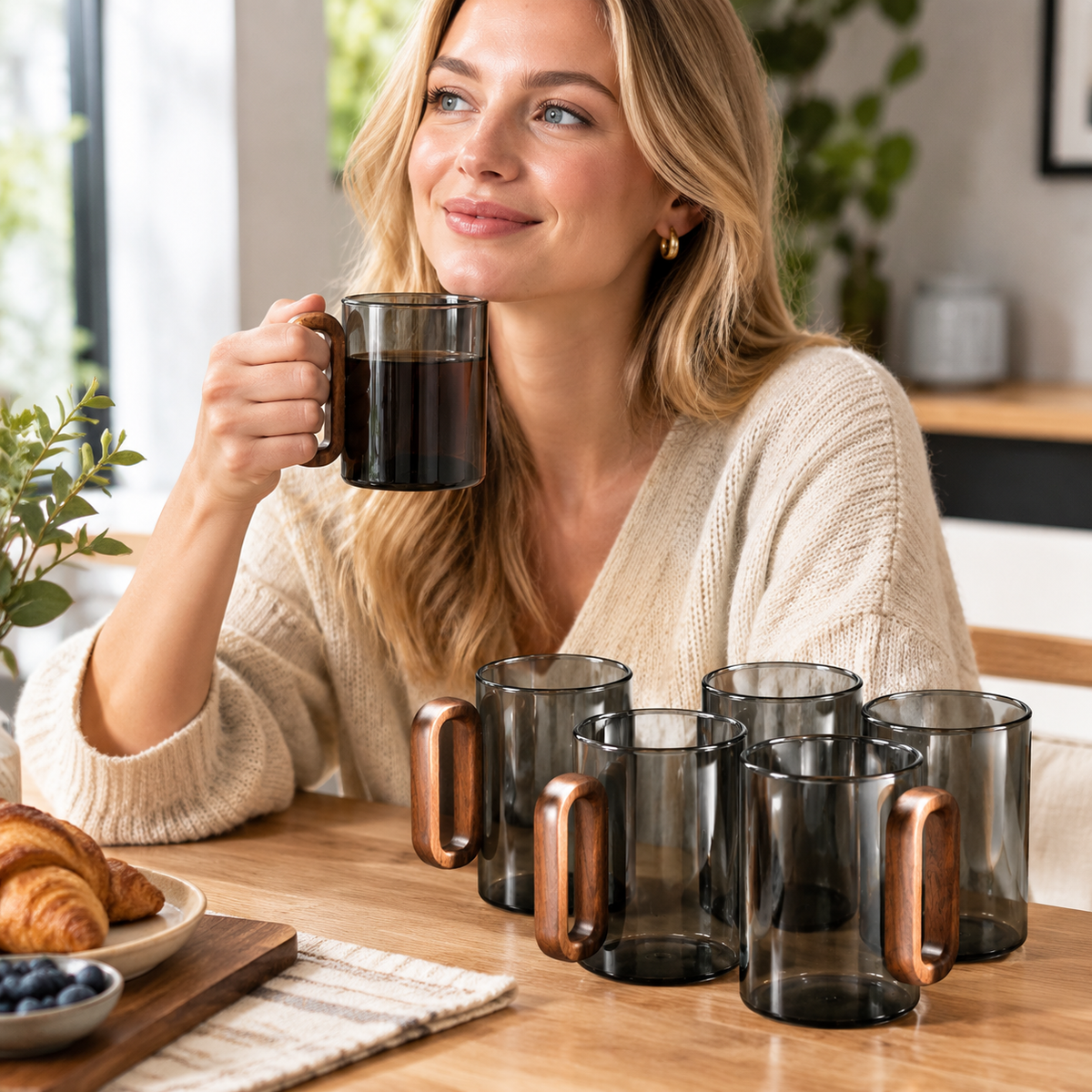 Wooden Handle Glass Mug - Smoky Grey, 360 ml