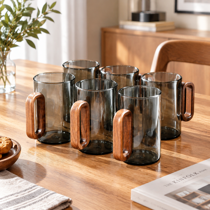 Wooden Handle Glass Mug - Smoky Grey, 360 ml