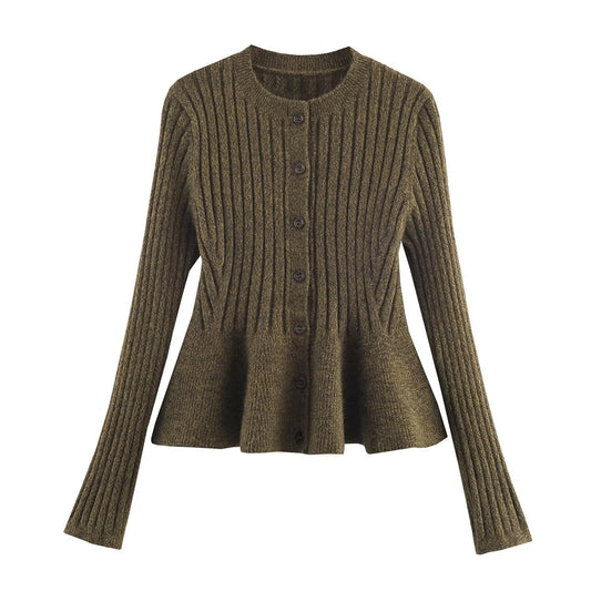 Round neck single breasted waist cinched short knit sweater for women